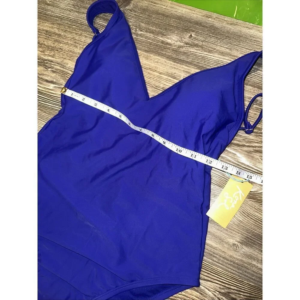 Women's V-Neck Over the Shoulder High Leg One Piece Swimsuit - Kona Sol Blue M.Z - Picture 5 of 5